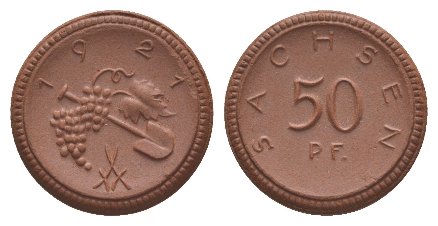 Саксония 50 пфеннигов 1921 Men05 22281.9, Men18 27868.9, Scheuch 34a фарфор 08-1137