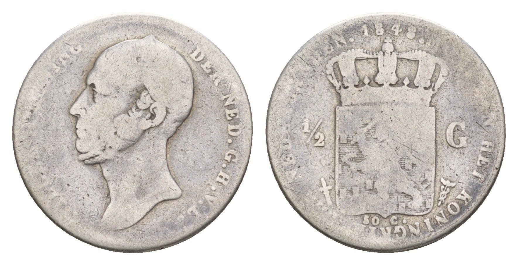 Нидерланды 1/2 гульдена 1848 Виллем II (1840-1849) KM 73 серебро    1531-741