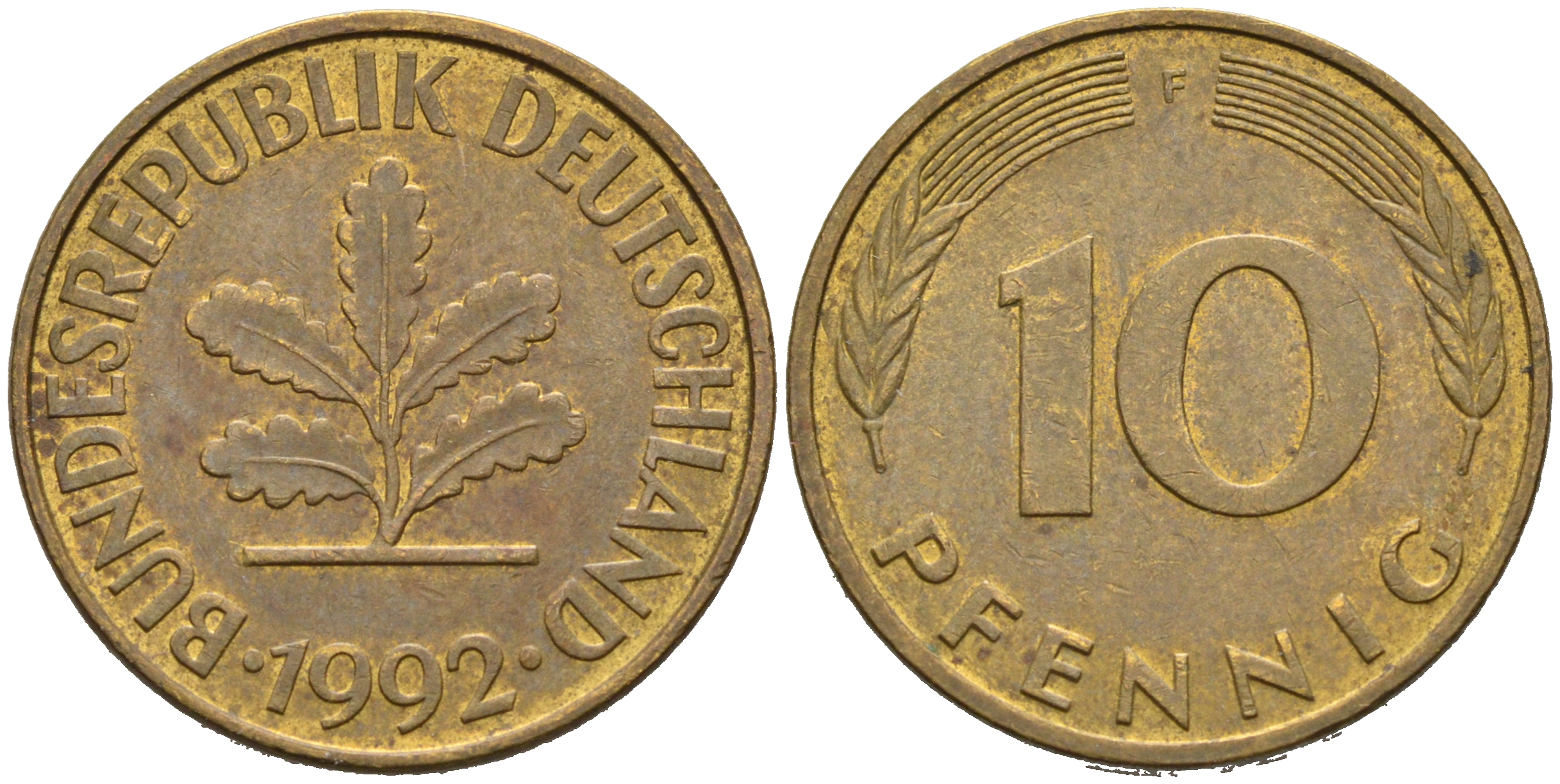 ФРГ 10 ПФЕННИГОВ 1992 F KM 108, J.383 сталь плакированная латунью 75-711