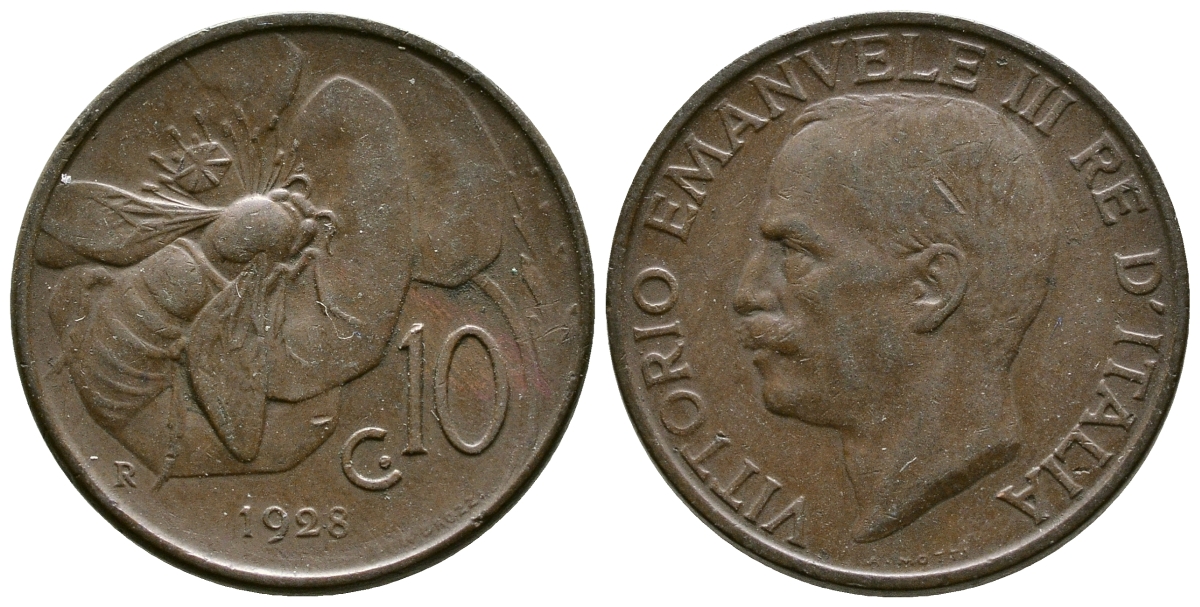 Италия 10 чентезимо 1928 R, Виктор Эммануил III (1900-1946), пчела KM 60 бронза 4622-315