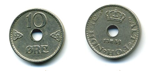 НОРВЕГИЯ 10 ЭРЕ 1938 KM 383 медно-никель 04-1046