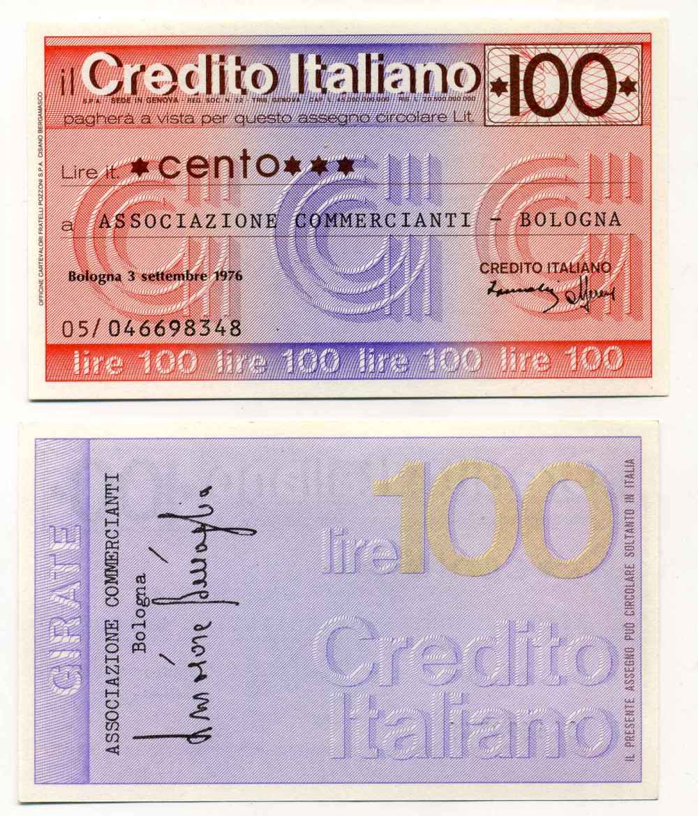 Италия чек на 100 лир 1976 credito Italiano, ассоциация торговцев bologna, 3 сентября 1976 бумага UNC (пресс) 8588-14-2-1