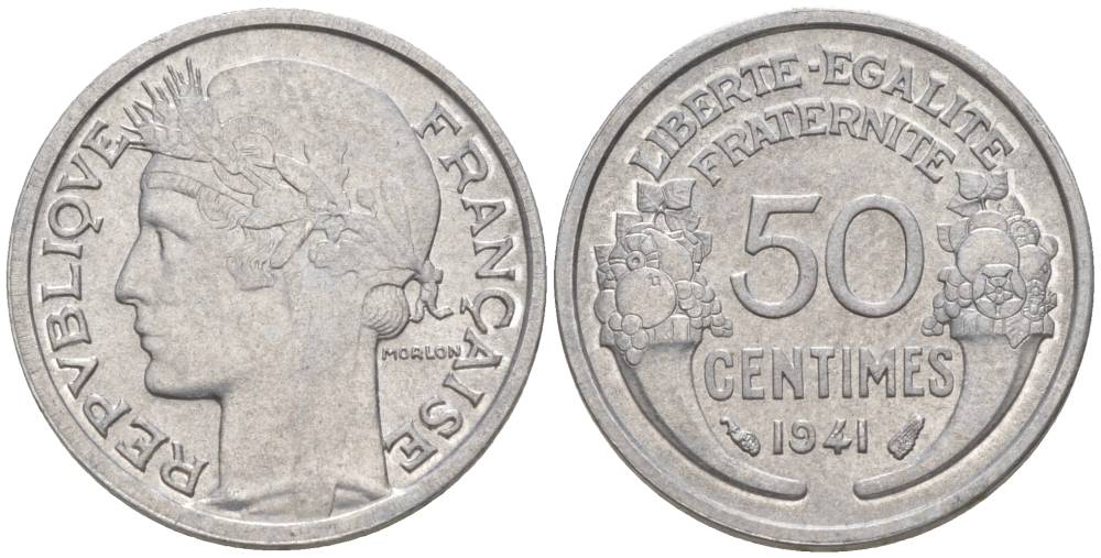 ФРАНЦИЯ 50 САНТИМОВ 1941 ТИП MORLON LOURDE KM 894.1a, LE FRANC 193.2 алюминий 44-329