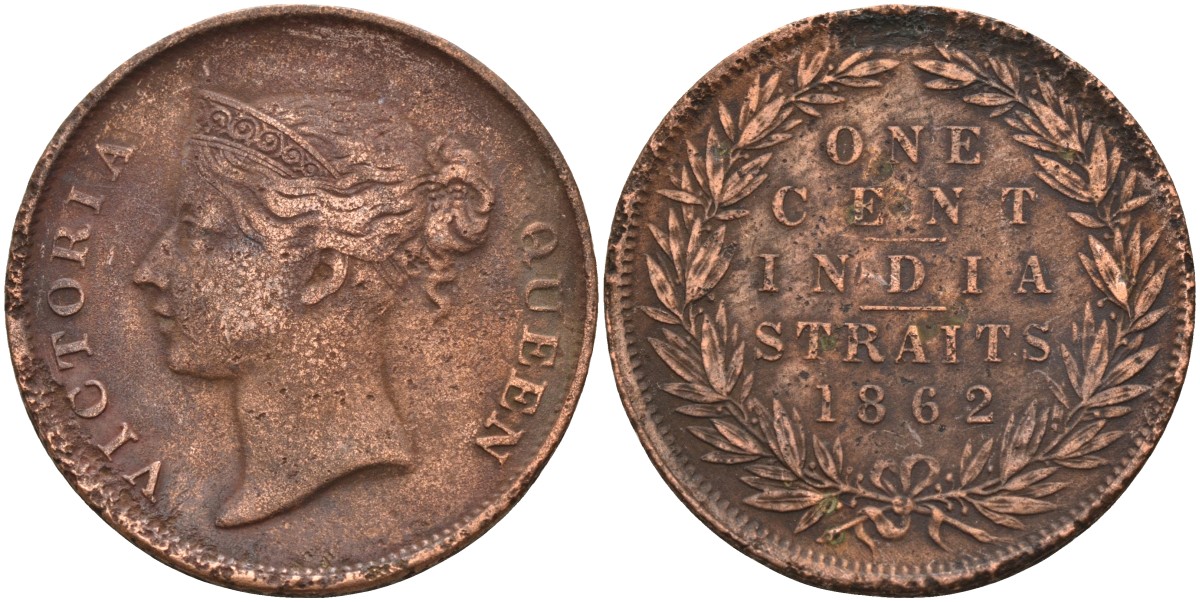 Стрейтс-Сетлментс 1 цент 1862 Виктория (1837-1901), Ост-Индская компания KM 6 медь 4590-236