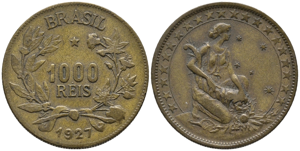 БРАЗИЛИЯ 1000 РЕЙС 1927 ФИГУРА ВПРАВО С РОГОМ ИЗОБИЛИЯ KM 525 алюминиевая бронза 34-853