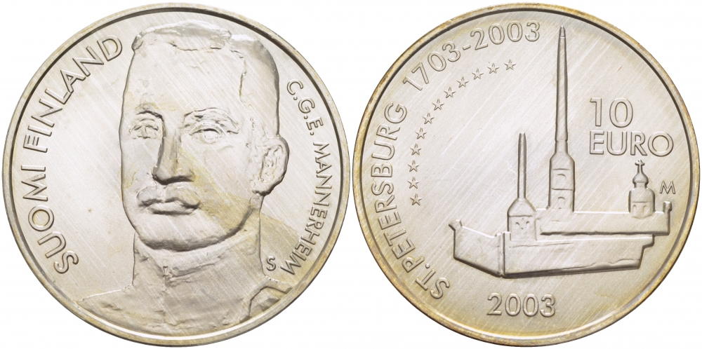 Финляндия 10 евро 2003 S-M, Карл Маннергейм, 300 лет основания Санкт-Петербурга, Петропавловская крепость KM 112 серебро UNC 11-149-15