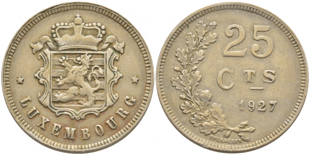 ЛЮКСЕМБУРГ 25 САНТИМОВ 1927 KM 37 медно-никель 3856-1025
