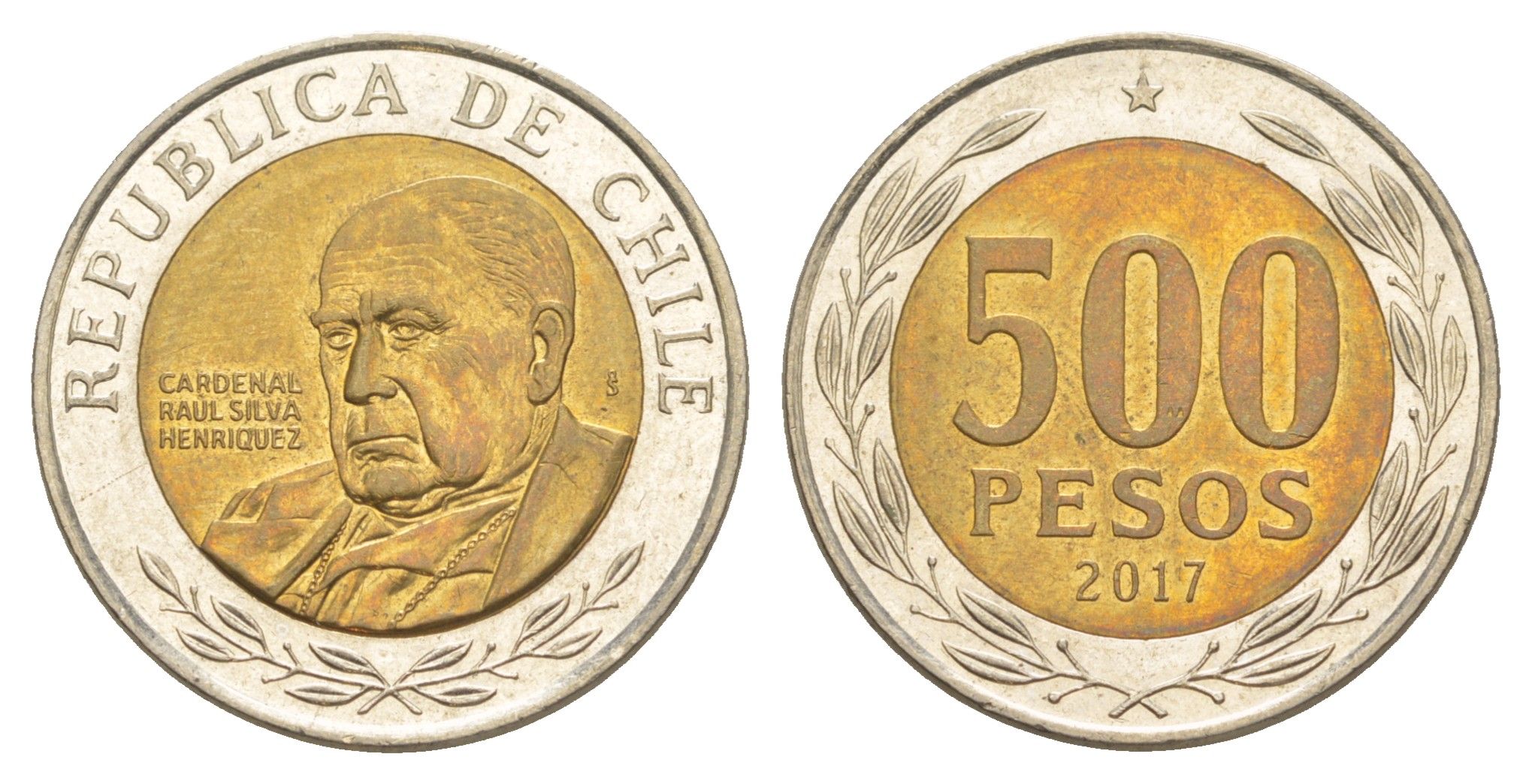 Чили 500 песо 2017 кардинал Рауль Сильва Энрикес (1907-1999) KM 235 биметалл UNC 4641-545