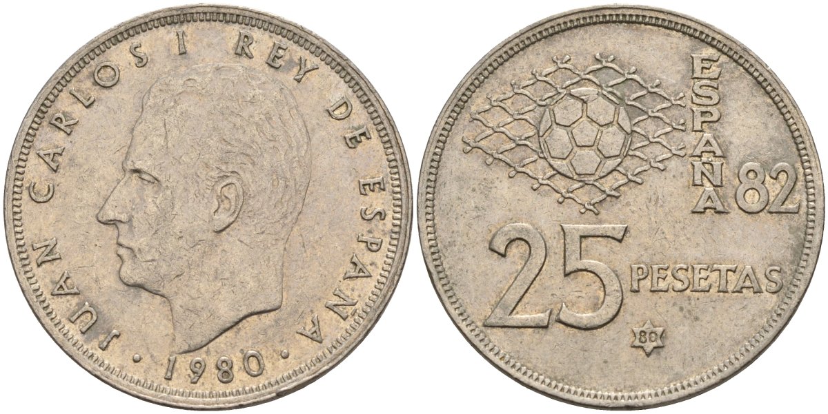 Испания 25 песет 1980 (80) Хуан Карлос I (1975 - 2014) KM 818 медно-никель 4149-1114