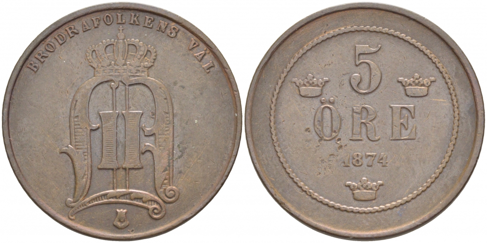 Швеция 5 эре 1874 Оскар II (1872-1907) король Швеции и Норвегии, SMALL LETTERING KM 736 (516) бронза 3457-951