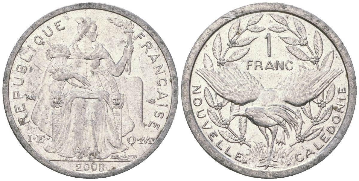 Французская Новая Каледония 1 франк 2008 птица кагу, (IEOM) KM 10, Schoen 10 алюминий 55-643