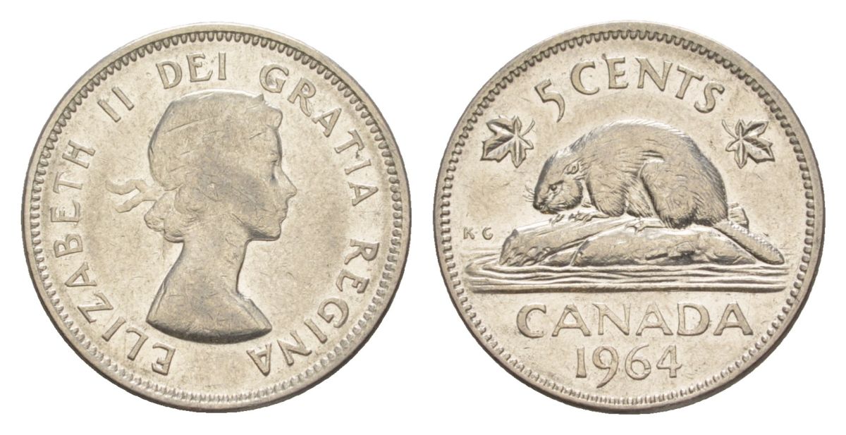 Канада 5 центов 1964 Елизавета II (1952-2022), бобр KM 57 никель 4630-711