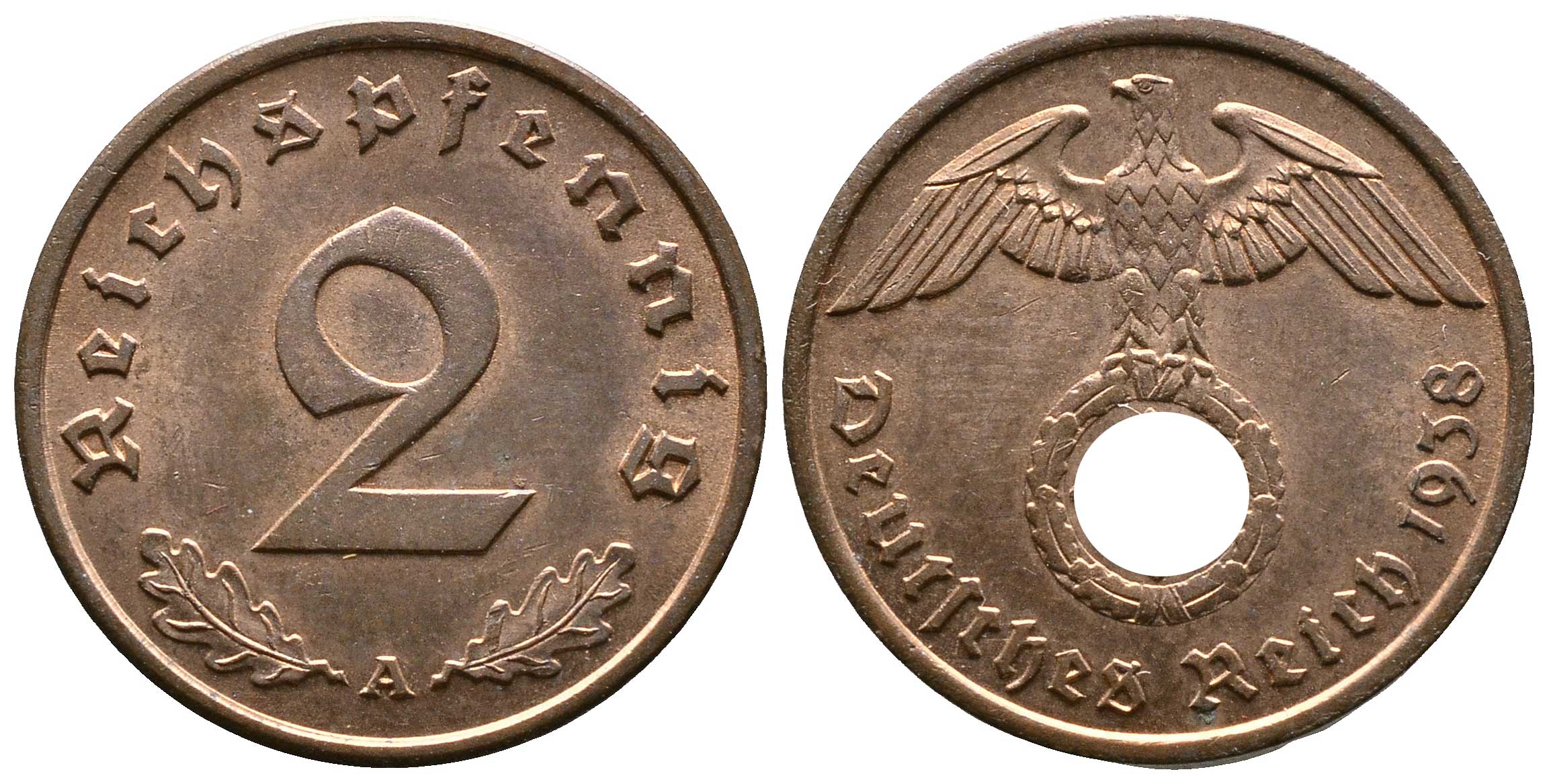 Германия 2 рейхспфеннига 1938 A KM 90, J. 362 бронза 176-913