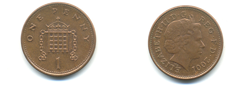 Великобритания 1 пенни 2001 Елизавета II (1952-2022) KM 986, Spink 4710 (B5) сталь плакированная медью 177-546
