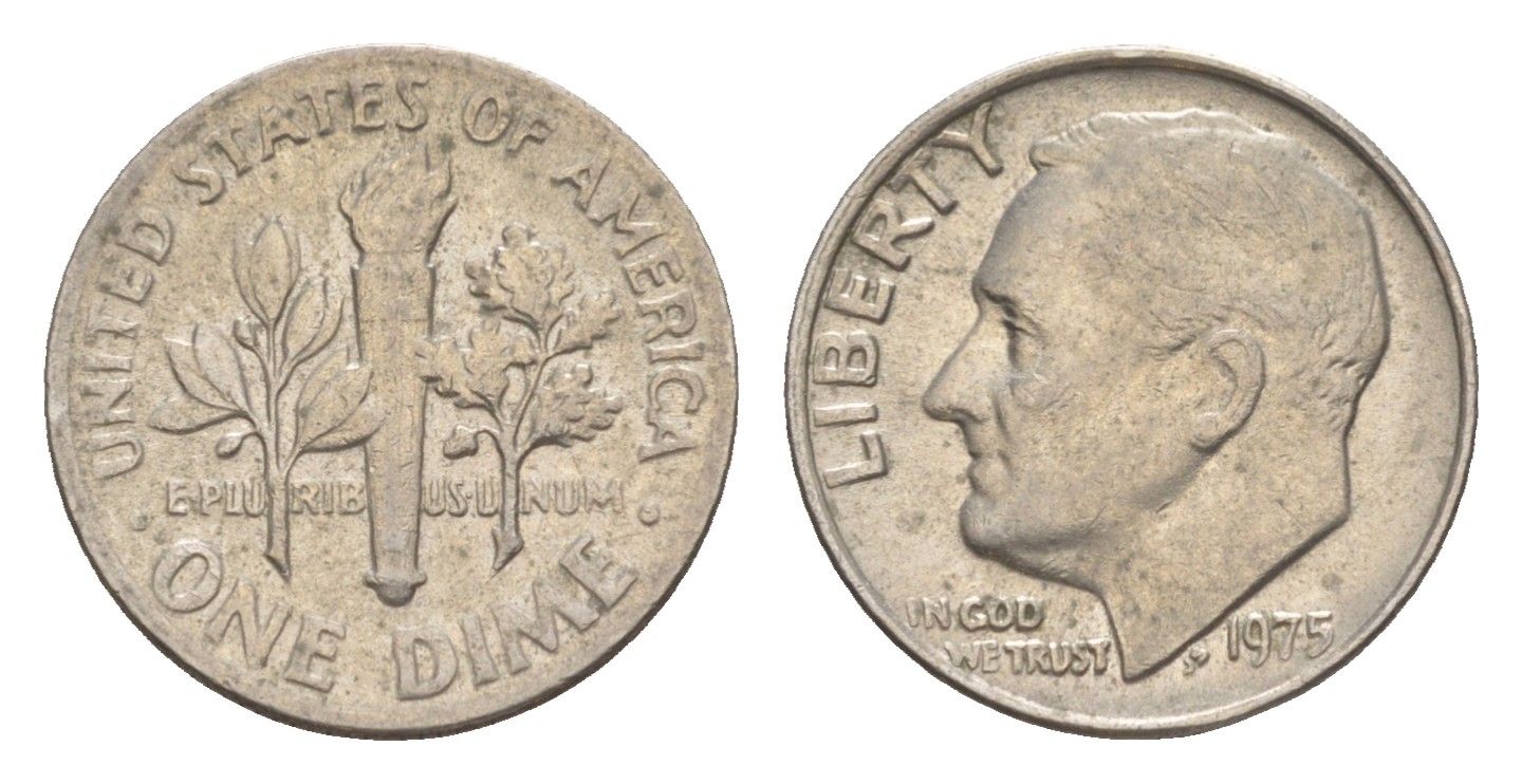 США 1 дайм (10 центов) 1975 президент Рузвельт KM 195a медь плакированная медно-никелем 4649-1262
