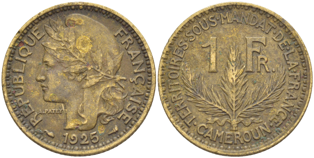 Французский Камерун 1 франк 1925 (а), монетный двор Париж KM 2 алюминиевая бронза 34-1111