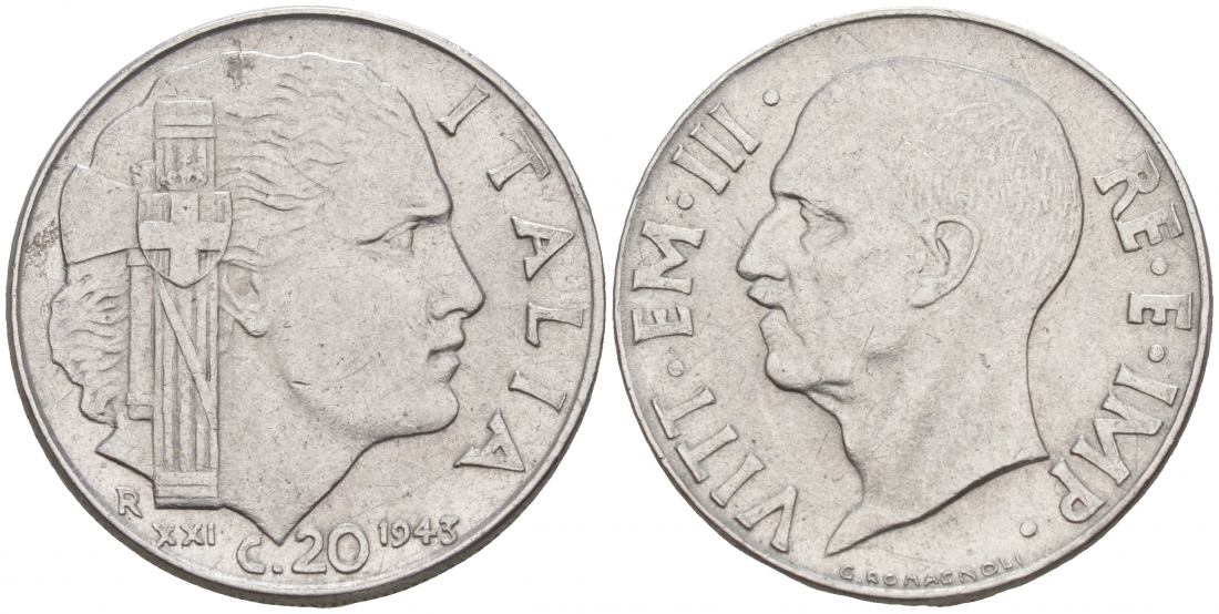Италия 20 чентезимо 1943 R, Виктор Эммануил III (1900-1946), XXI год KM 75b, VEM3. 1031 нержавеющая сталь 3853-1222
