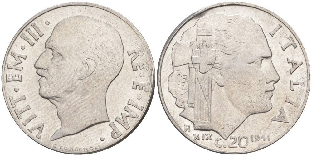 ИТАЛИЯ 20 ЧЕНТЕЗИМО 1941 R, ГОД XIX, ВИКТОР ЭММАНУИЛ III (1900-1946) KM 75b, VEM3. 1028 нержавеющая сталь 3853-955