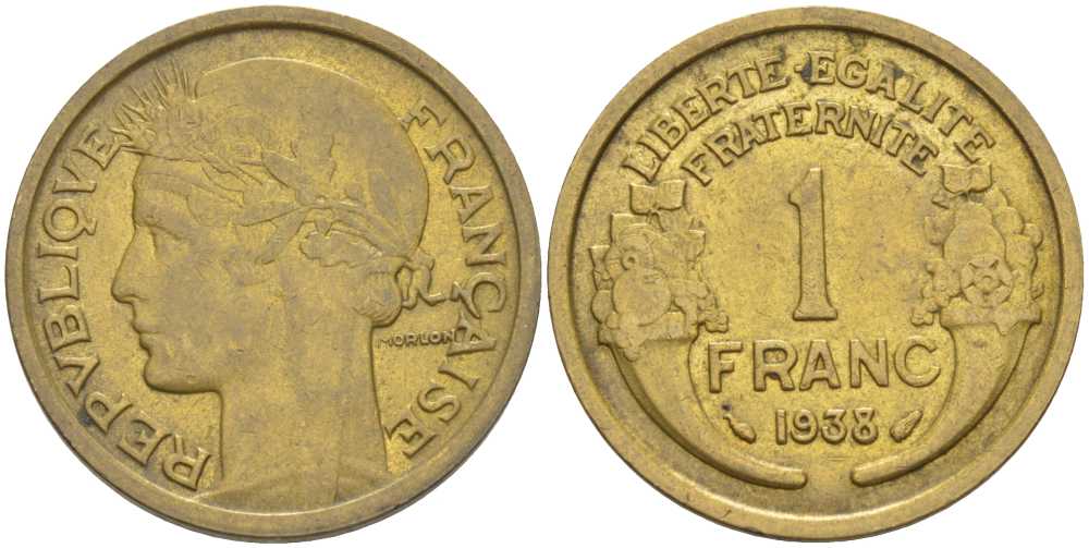 ФРАНЦИЯ 1 ФРАНК 1938 ТИП MORLON KM 885, LE FRANC 219.9 алюминиевая бронза 175-435