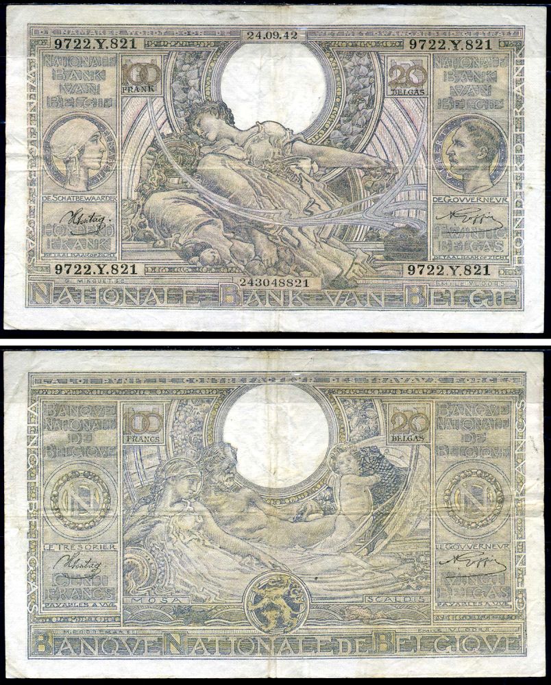 Бельгия 100 франков 1942 Pick 107 бумага 8564-34-3-2
