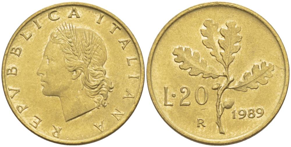 ИТАЛИЯ 20 ЛИР 1989 R, ДУБОВЫЕ ЛИСТЬЯ KM 97.2 алюминиевая бронза 4551-326