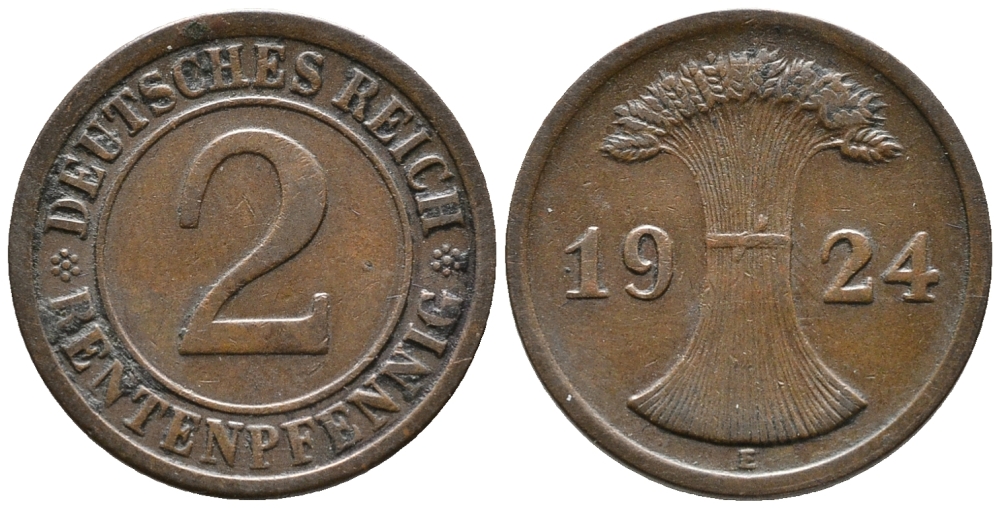 ГЕРМАНИЯ 2 РЕНТЕНПФЕННИГА 1924 E KM 31, J. 307 бронза 24-635