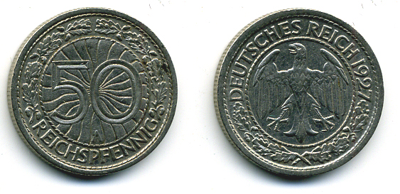 Германия 50 рейхспфеннигов 1927 A KM 49, J. 324 никель 58-221