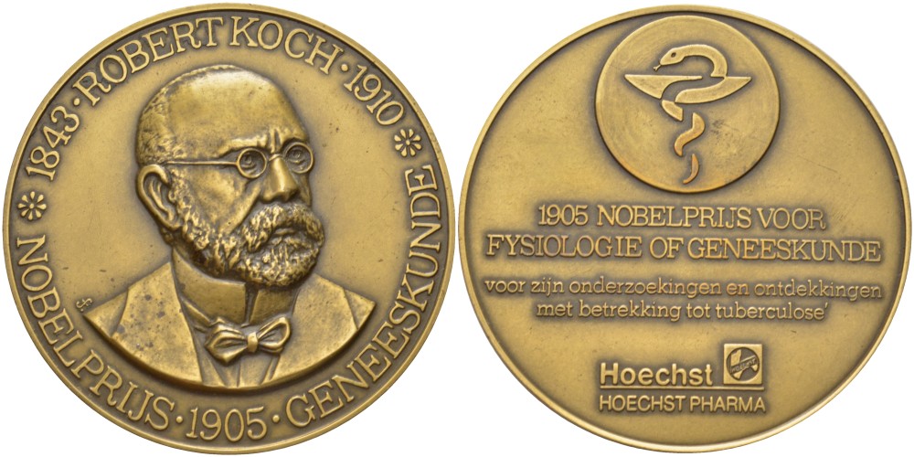НИДЕРЛАНДЫ МЕДАЛЬ ND РОБЕРТ КОХ (1843-1910) ВРАЧ, ИССЛЕДОВАТЕЛЬ ТУБЕРКУЛЁЗА, ЛАУРЕАТ НОБЕЛЕВСКОЙ ПРЕМИИ ПО МЕДИЦИНЕ 1905 ГОДА, HOECHST PHARMA, ДИАМЕТР 50 ММ. томпак 1089-6-32