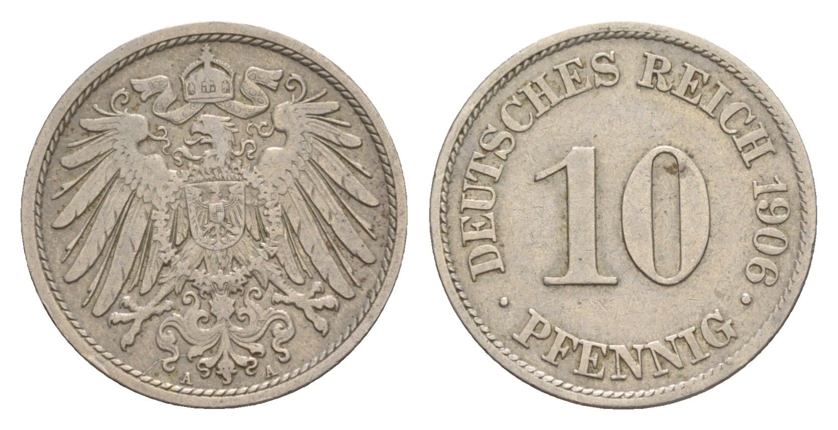 Германия 10 пфеннигов 1906 A, Вильгельм II (1888-1918) KM 12, J. 13 медно-никель 4640-263