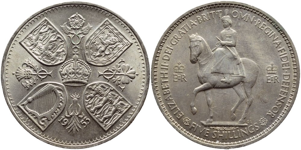 Великобритания 1 крона (5 шиллингов) 1953 коронация королевы Елизаветы, Елизавета II (1952-2022) Елизаветы KM 894, Spink 4136 медно-никель UNC 73-831