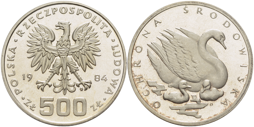 Польша 500 злотых 1984 MW, серия охрана окружающей среды, лебедь KM 154, Parchimowicz 322 серебро PROOF 1085-1-71