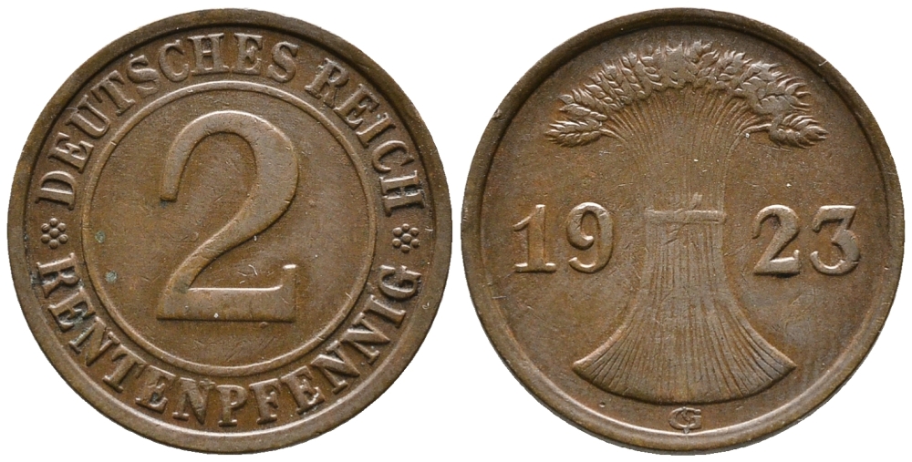 ГЕРМАНИЯ 2 РЕНТЕНПФЕННИГА 1923 G KM 31, J. 307 бронза 24-345