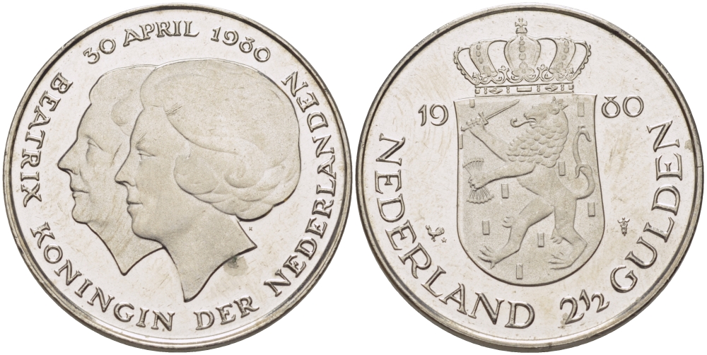 Нидерланды 2 1/2 гульдена 1980 коронация Беатрикс, 30 апреля 1980 KM 201 никель 38-134