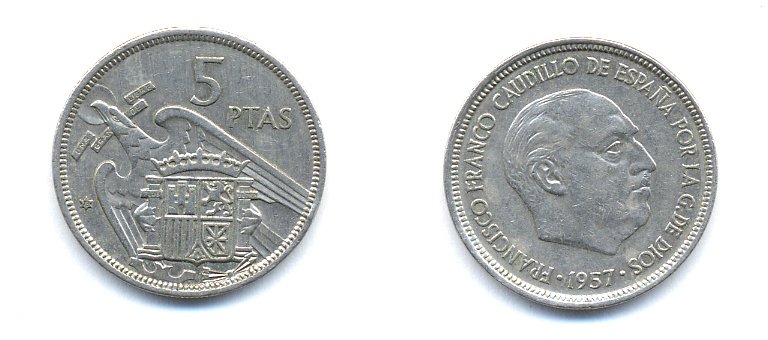 ИСПАНИЯ 5 ПЕСЕТ 1957 (73) ФРАНСИСКО ФРАНКО ДИКТАТОР ИСПАНИИ (1939-1975) KM 786 медно-никель 54-1541