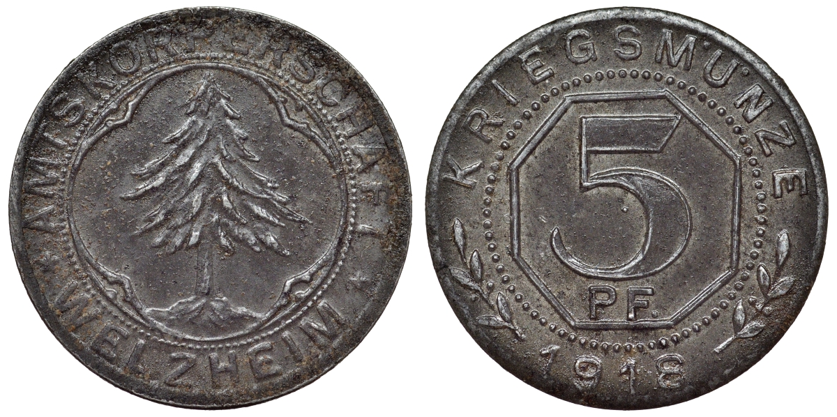 Германия, Вельцхайм 5 пфеннигов 1918 Баден-Вюртемберг, нотгельд Funck 593.1, Frenzel 593.1.3 железо 4119-813