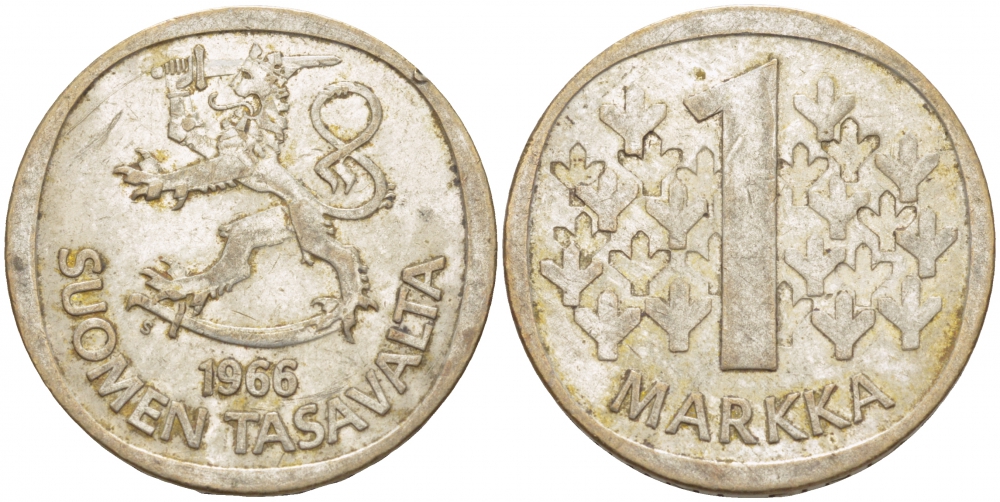 Финляндия 1 марка 1966 S KM 49 серебро 3457-942