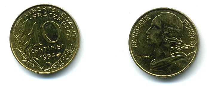 ФРАНЦИЯ 10 САНТИМОВ 1995 ТИП MARIANNE KM 929 медь алюминий никель 59-1134