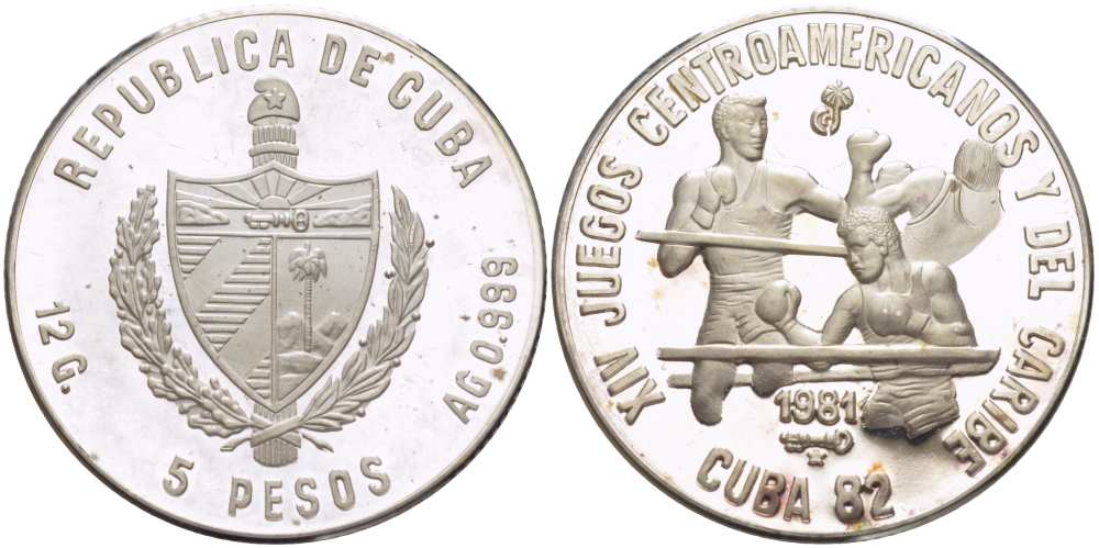 Куба 5 песо 1981 XIV Центрально-Американские и Карибские игры на Кубе 1982 года, бокс, тираж 2000 экземпляров KM 81 серебро  PROOF 00-00-00