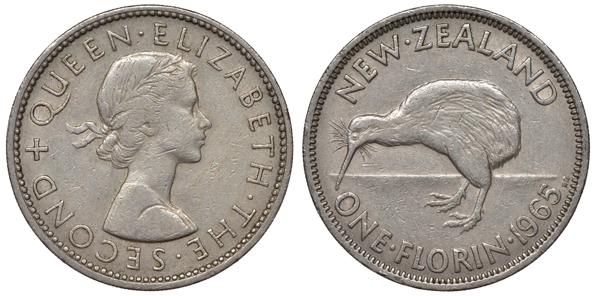 Новая Зеландия 1 флорин 1965 птичка киви, Елизавета II (1952- ) KM 28.2 медно-никель    4117-444