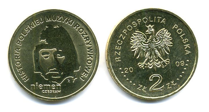 Польша 2 злотых 2009 MW, серия история польской музыки, Чеслав Немен KM 684 латунь UNC M5-03