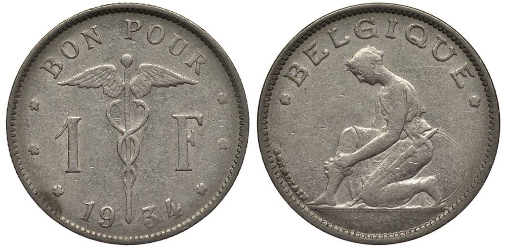 БЕЛЬГИЯ 1 ФРАНК 1934 BELGIQUE, АЛЬБЕРТ I (1909-1934) KM 89 никель 27-1021