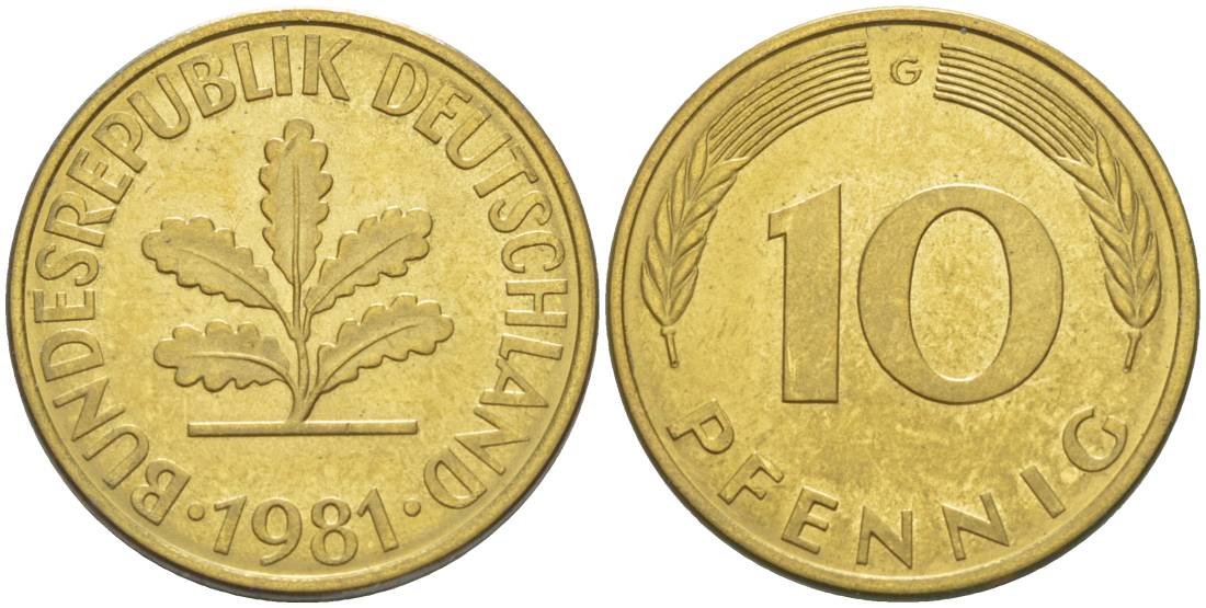 ФРГ 10 ПФЕННИГОВ 1981 G KM 108, J. 383 сталь плакированная латунью 219-537