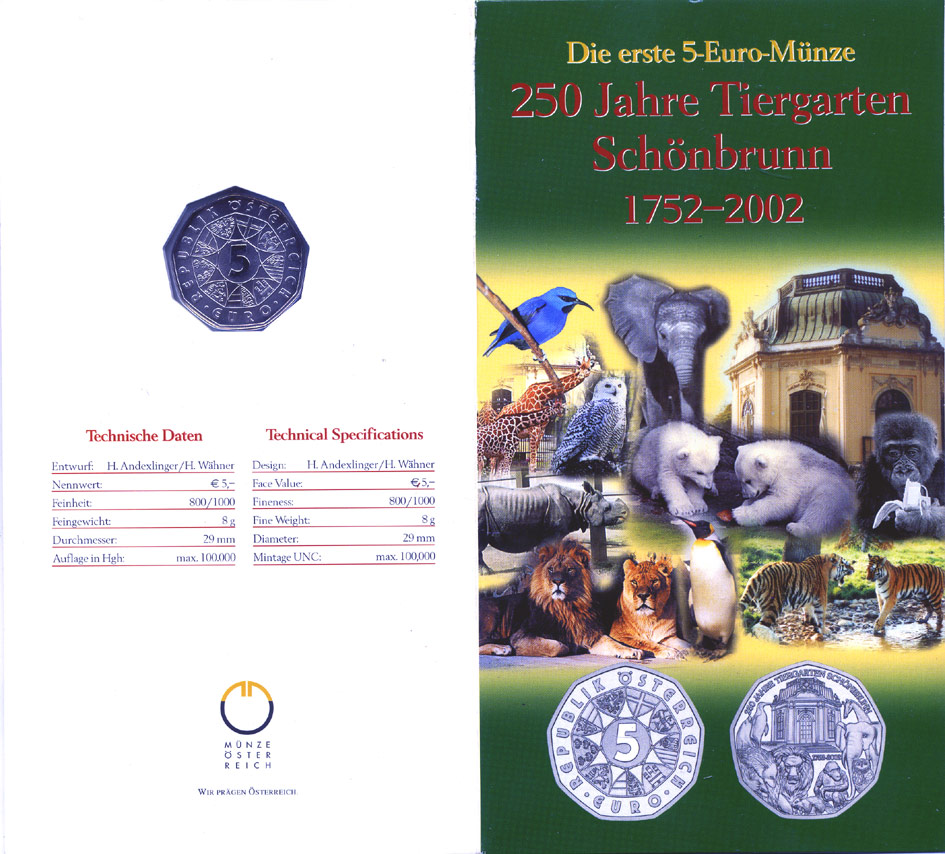 Австрия 5 евро 2002 250 лет Шенбруннскому зоопарку, в оригинальном буклете KM 3091 серебро UNC 7-6-1-39