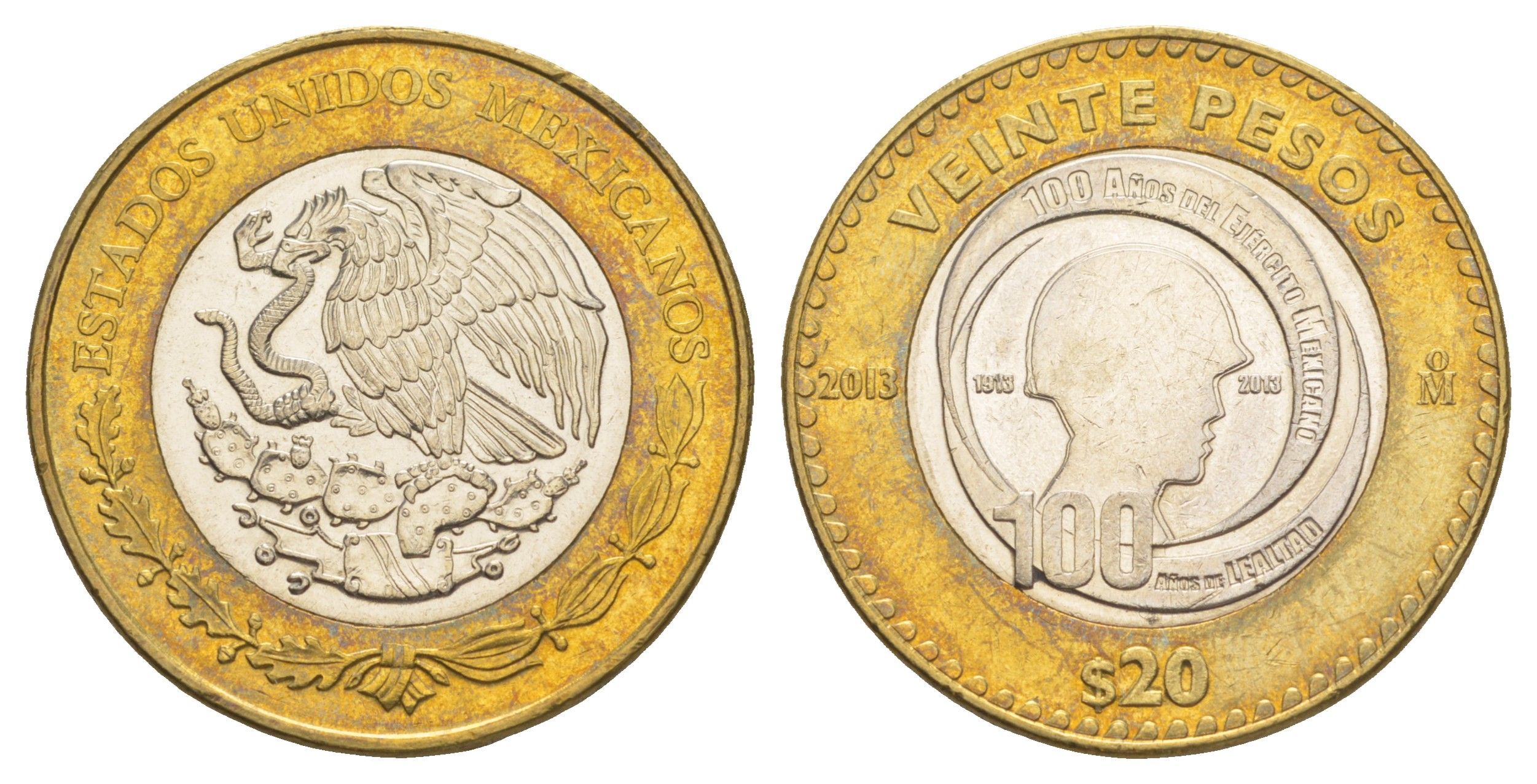 Мексика 20 песо 2013 100 лет Мексиканской армии KM 969 биметалл aUNC 4634-236