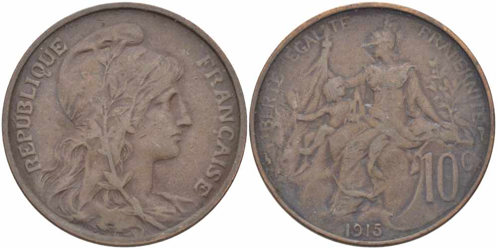 ФРАНЦИЯ 10 САНТИМОВ 1915 ТИП ДАНИЭЛЬ ДЮПЮИ KM 843, LA FRANC 136.25 бронза 109-344