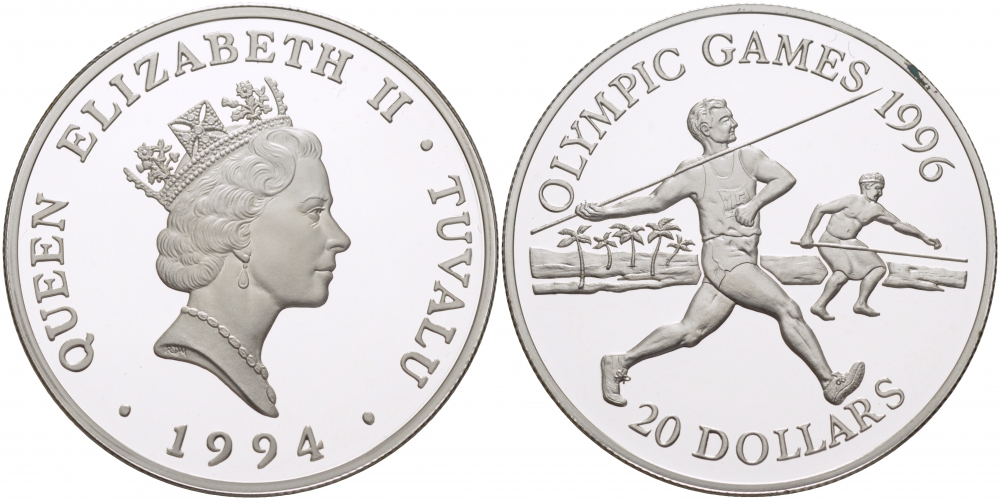 Тувалу 20 долларов 1994 Олимпийские игры 1996 года, копьеметатель KM 25 серебро PROOF 11-101-44