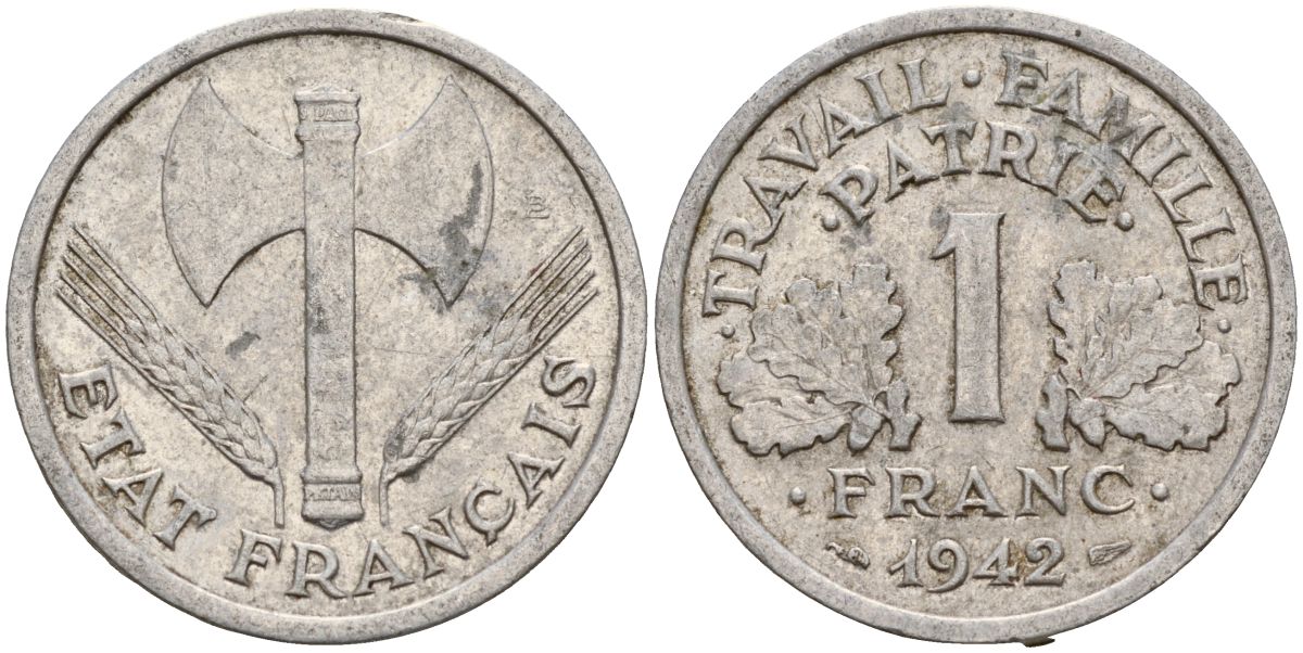 Франция 1 франк 1942 правительство Виши KM 902.1, Le Franc алюминий 4126-645