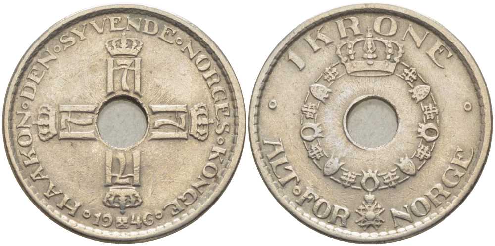 НОРВЕГИЯ 1 КРОНА 1946 ХОКОН VII (1905-1957) KM 385 медно-никель 119-951