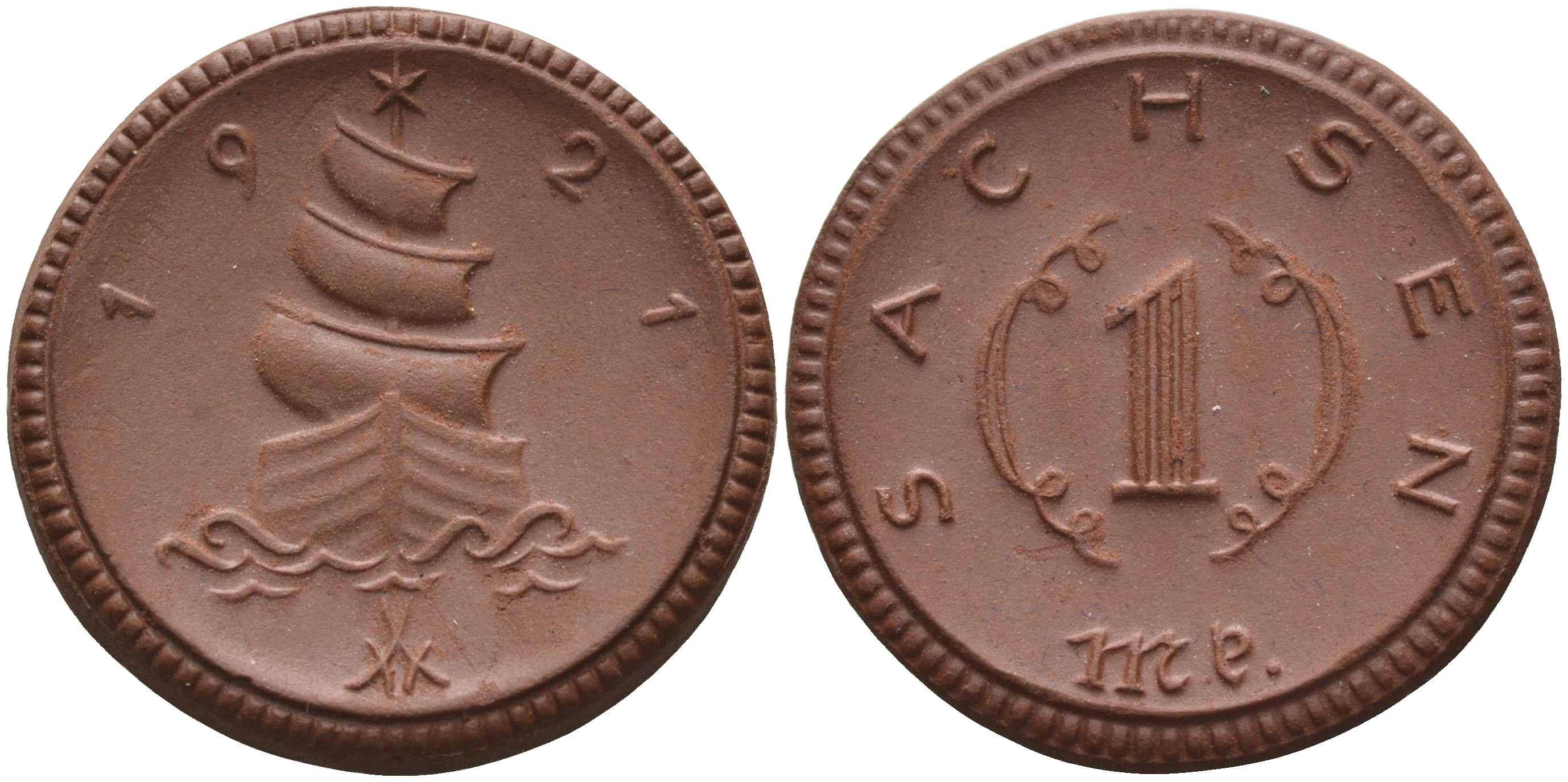 Саксония 1 марка 1921 парусник J. N 55 фарфор 1094-4-25