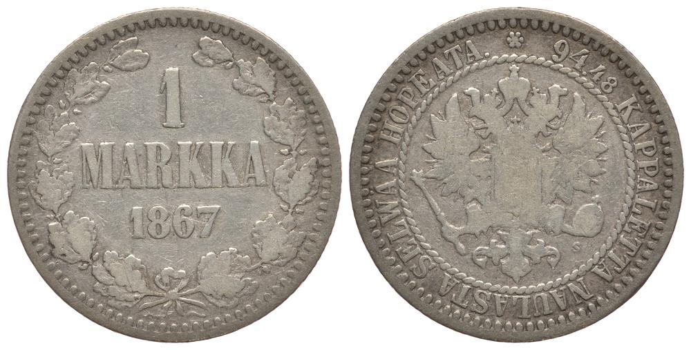 Россия для Финляндии 1 марка 1867 S, Александр II (1855-1881) KM 3.1, Биткин 627 R серебро 00-816-73
